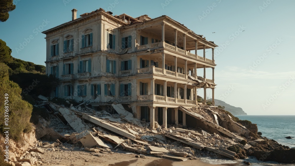 Collapsed coastal building on cliffside with severe structural damage Collapsed coastal building on cliffside with severe structural damage