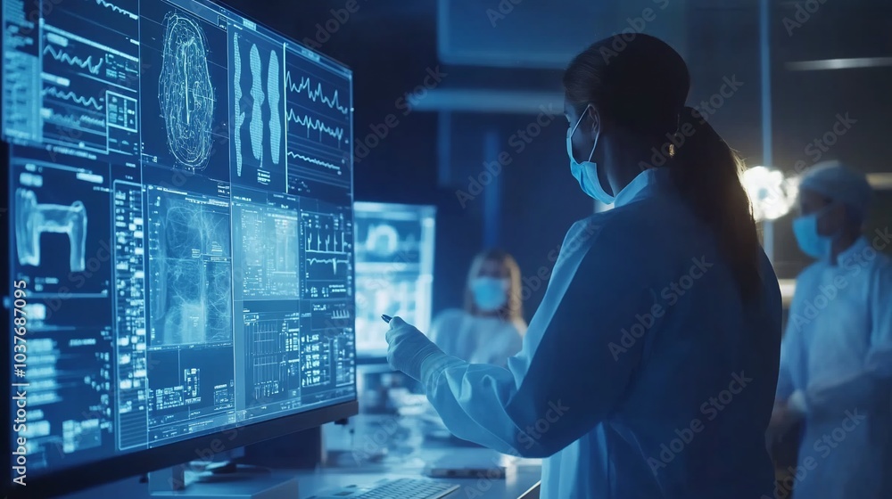 A team of scientists in a laboratory are working on a project involving data analysis. They are using a large monitor to display complex information. A team of scientists in a laboratory are working on a project involving data analysis. They are using a large monitor to display complex information.