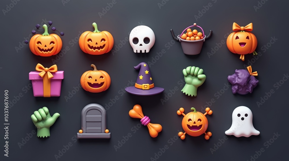 Fototapeta premium 3D illustration of a collection of cute, colorful Halloween icons, each neatly arranged in a grid on a dark background. The icons include a pumpkin with a witch hat, a white skull, a jack-o'-lantern, 