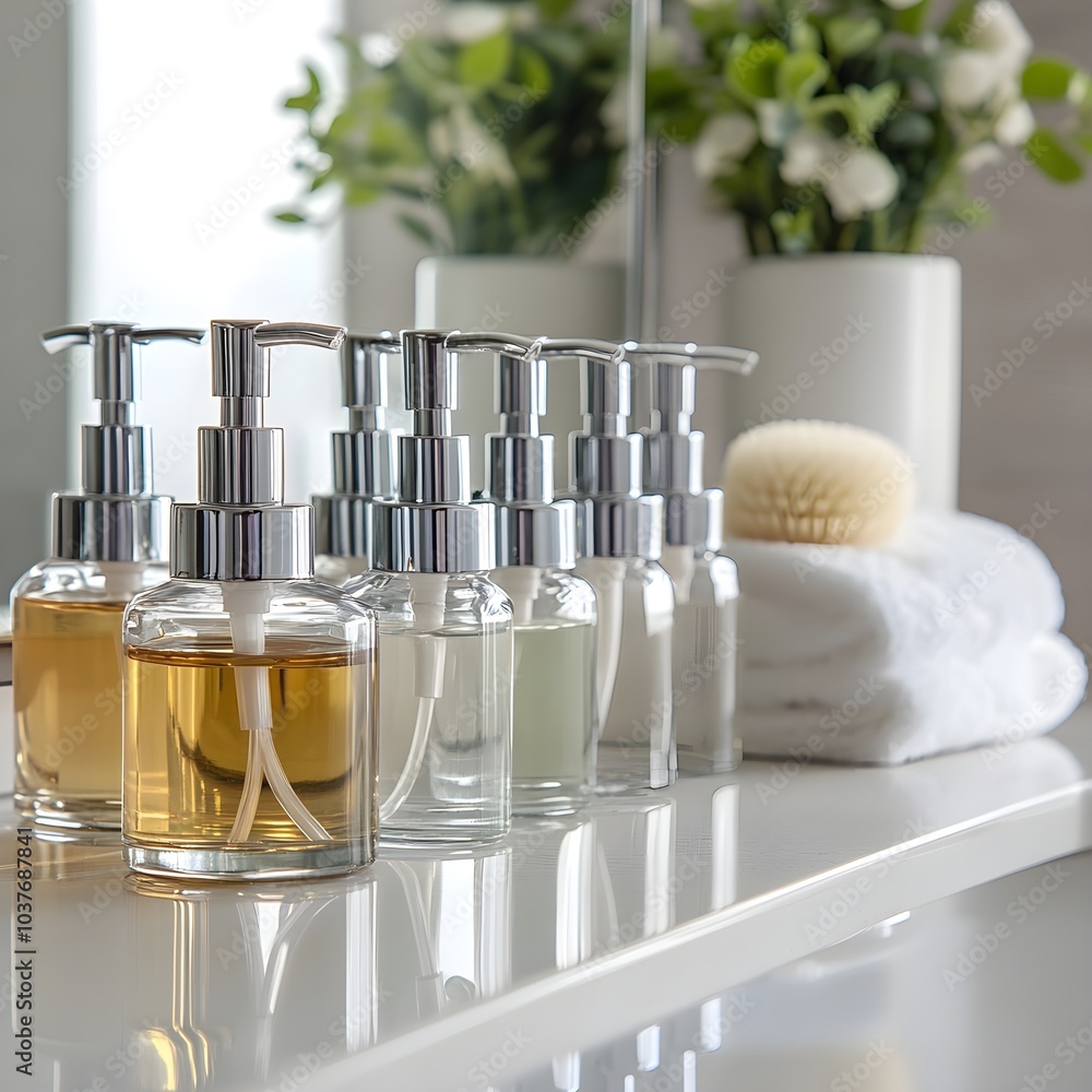 a line of small glass cosmetic bottles with pumps on a counter of the bathroom a line of small glass cosmetic bottles with pumps on a counter of the bathroom
