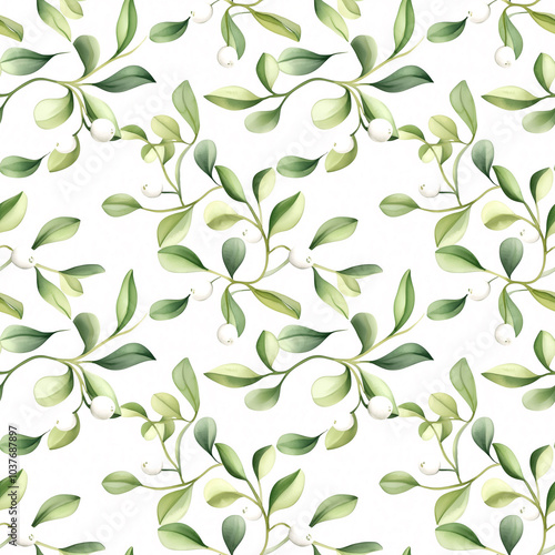 A seamless pattern featuring delicate green leaves and white berries on a soft gray background, fabric or wallpaper designs, seamless pattern background