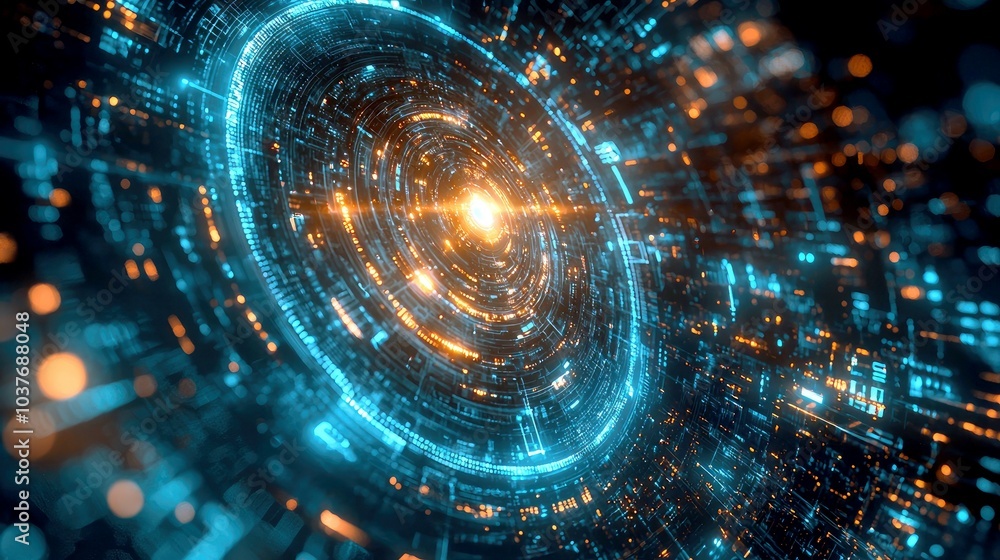 Obraz premium Abstract futuristic circular background with glowing blue and orange light.
