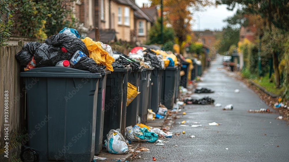Fototapeta premium Overfilled trash cans line a street. The image depicts the consequences of improper waste disposal.