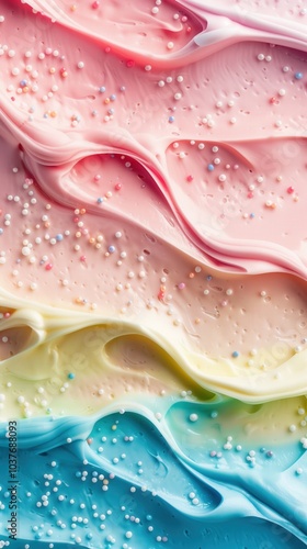 Colorful rainbow swirled ice cream, vibrant icing, close-up texture perfect for bakery decor