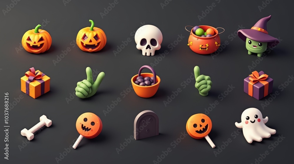 3D illustration of a collection of cute, colorful Halloween icons, each neatly arranged in a grid on a dark background. The icons include a pumpkin with a witch hat, a white skull, a jack-o'-lantern, 3D illustration of a collection of cute, colorful Halloween icons, each neatly arranged in a grid on a dark background. The icons include a pumpkin with a witch hat, a white skull, a jack-o'-lantern,