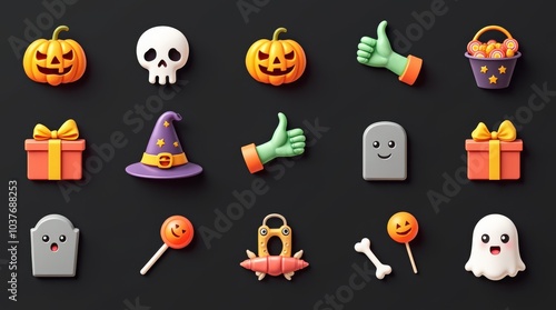 3D illustration of a collection of cute, colorful Halloween icons, each neatly arranged in a grid on a dark background. The icons include a pumpkin with a witch hat, a white skull, a jack-o'-lantern, 