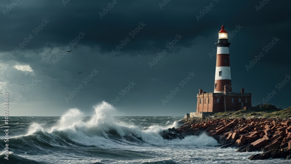 Stormy ocean waves crashing against a lighthouse with scattered debris and storm clouds in the background Stormy ocean waves crashing against a lighthouse with scattered debris and storm clouds in the background