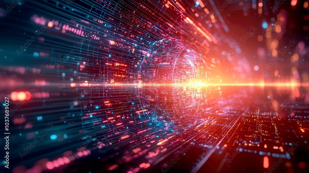 Fototapeta premium Abstract glowing digital tunnel with a glowing sphere in the middle.