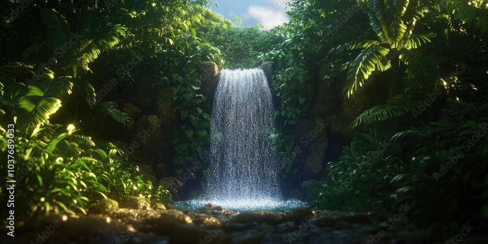 Tropical waterfall surrounded by lush vegetation in a beautiful natural setting, Serene tropical waterfall in a lush green environment Tropical waterfall surrounded by lush vegetation in a beautiful natural setting, Serene tropical waterfall in a lush green environment