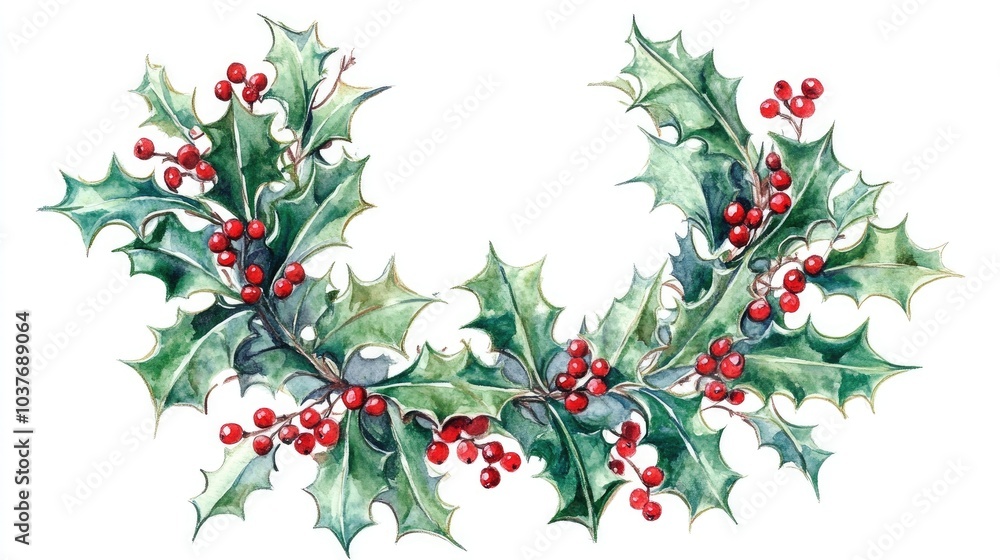 Christmas wreath featuring holly leaves and red berries watercolor illustration Christmas wreath featuring holly leaves and red berries watercolor illustration