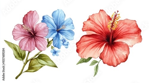 Hibiscus and forget me not illustrated on a plain background Watercolor collection of vibrant tropical flowers for wedding invitations and greeting card designs