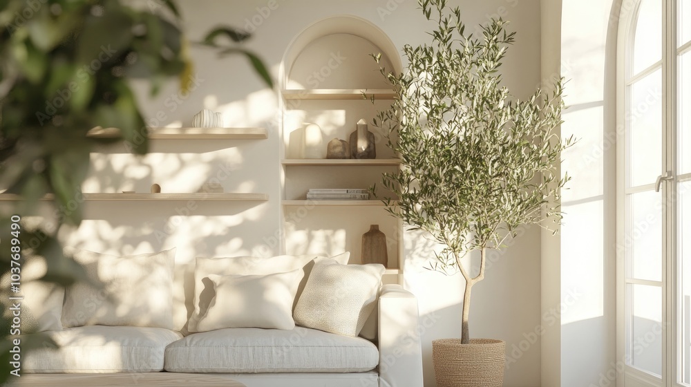 Fototapeta premium 3D rendering of a bright living room featuring a sofa olive tree and shelving units