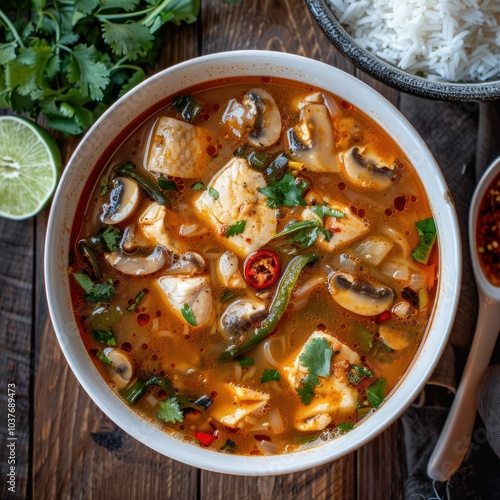 A bowl of soup brimming with tender mushrooms, tofu, and meat slices, garnished with chili peppers. The rich, flavorful broth invites a tempting aroma, making it an irresistible, savory treat. photo