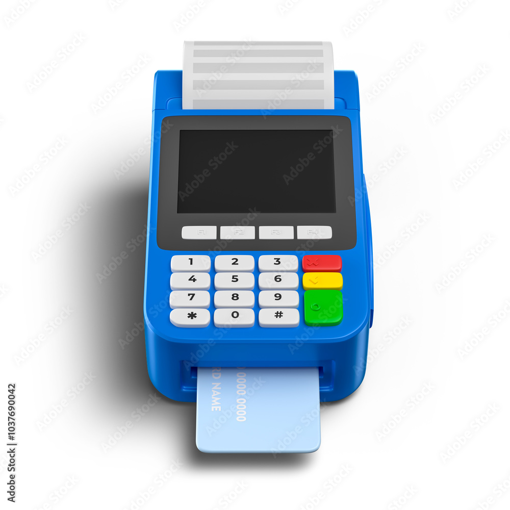 Payment Terminal Blue with Credit Card and shadow in 3D Render with transparent background Payment Terminal Blue with Credit Card and shadow in 3D Render with transparent background