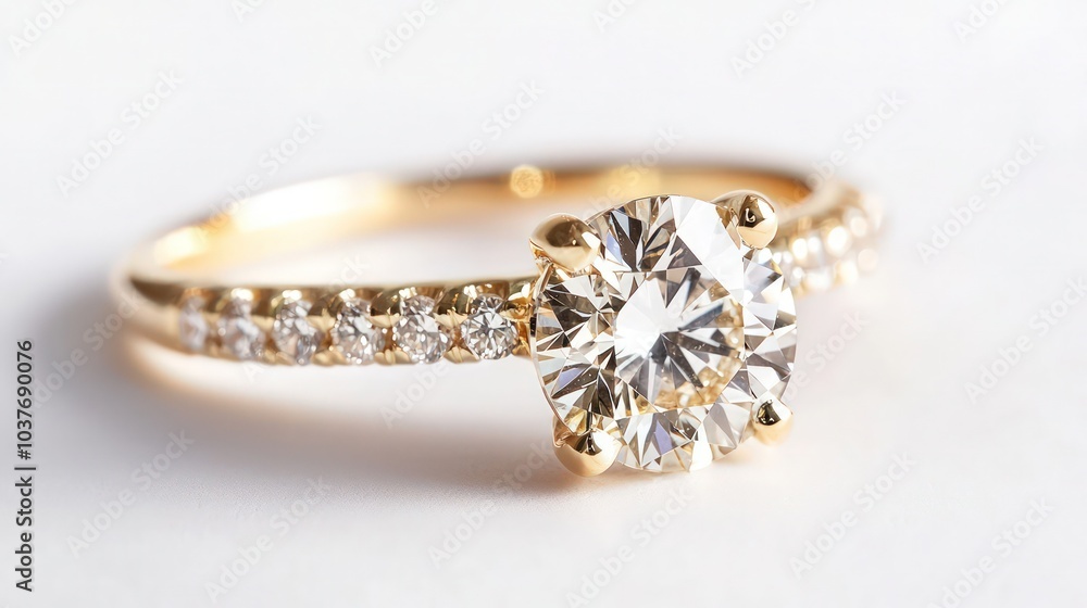 Classic Women's Jewelry: Gold diamond ring on a white background, highlighting classic and elegant women's jewelry. Classic Women's Jewelry: Gold diamond ring on a white background, highlighting classic and elegant women's jewelry.