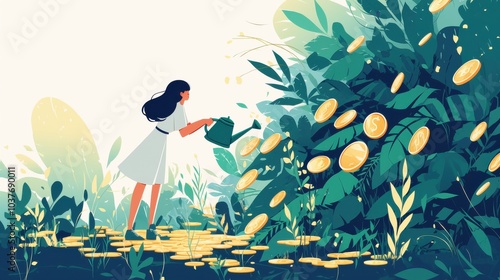 Woman Watering Plants Sprouting Coins in Lush Digital Illustration photo