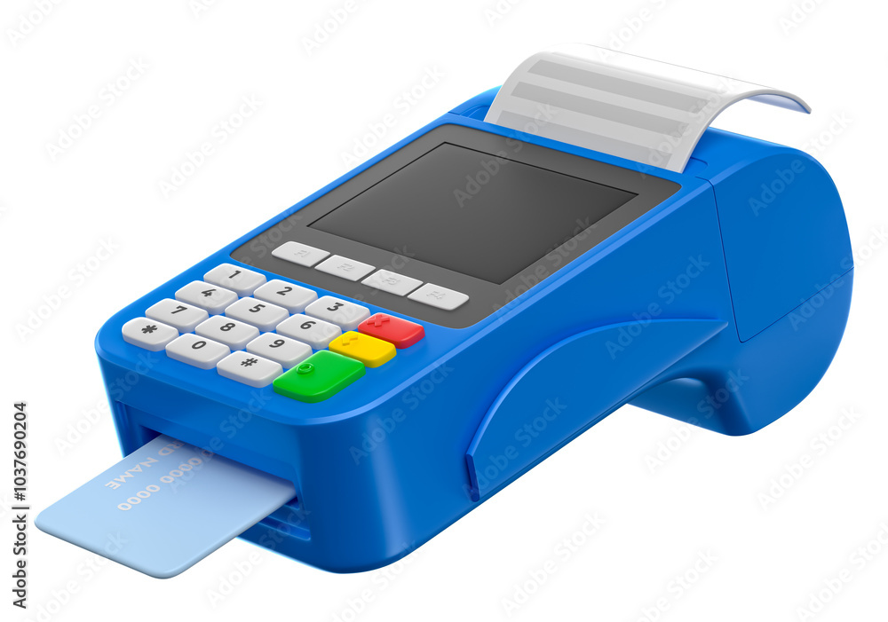 Payment Terminal Blue with Credit Card and shadow in 3D Render with transparent background Payment Terminal Blue with Credit Card and shadow in 3D Render with transparent background