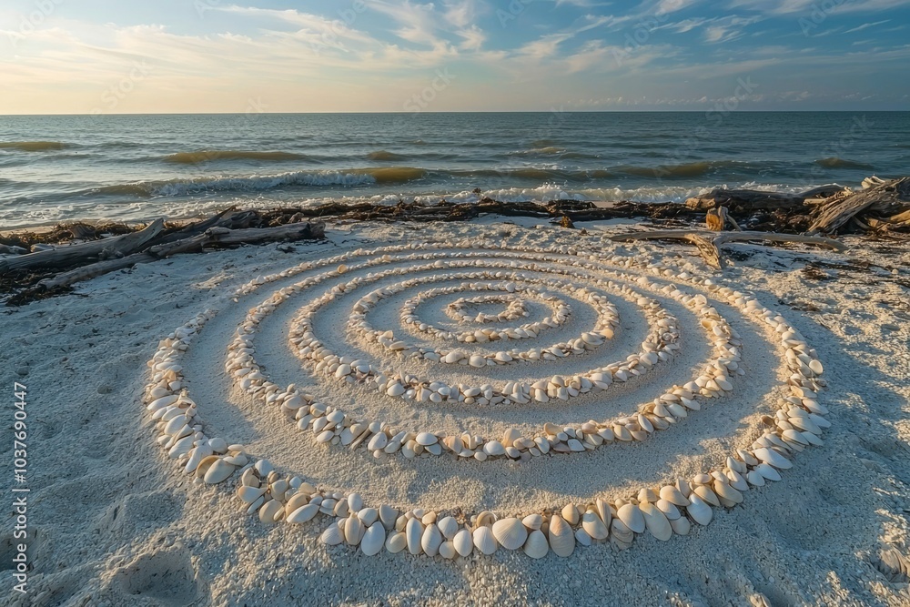 Seashell Spiral on a Sandy Beach Seashell Spiral on a Sandy Beach