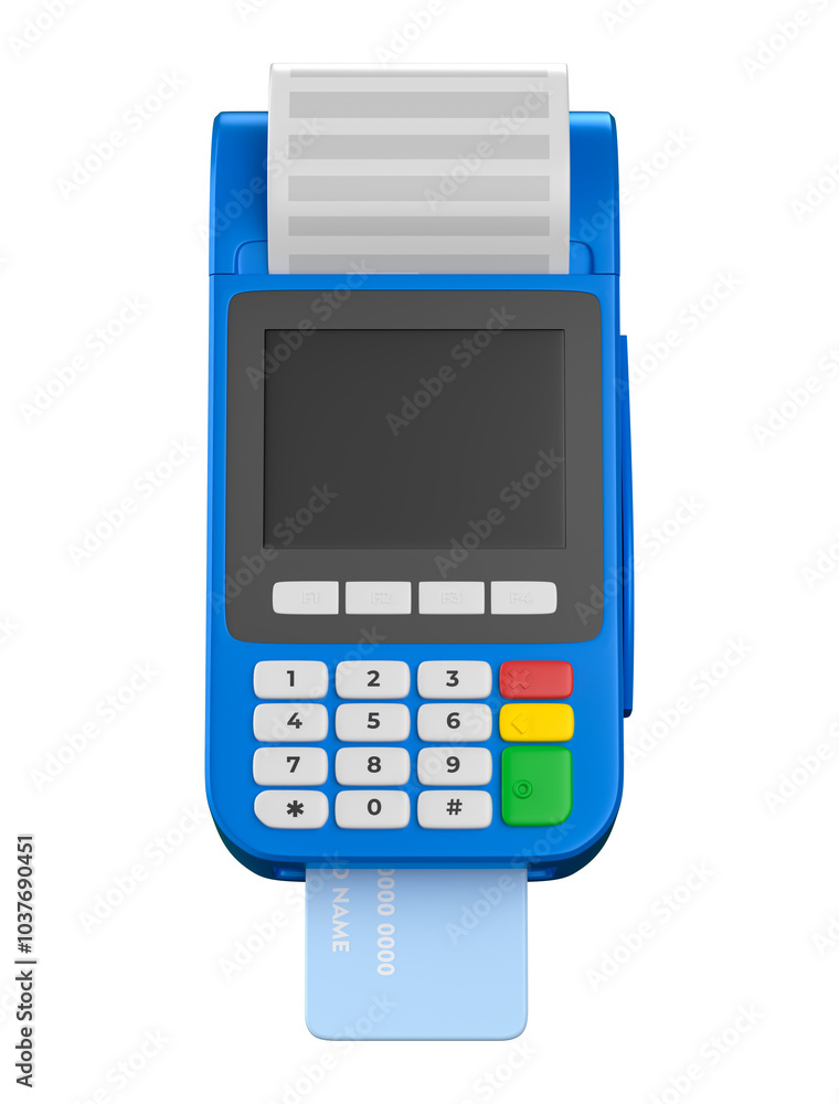 Payment Terminal Blue with Credit Card and shadow in 3D Render with transparent background Payment Terminal Blue with Credit Card and shadow in 3D Render with transparent background