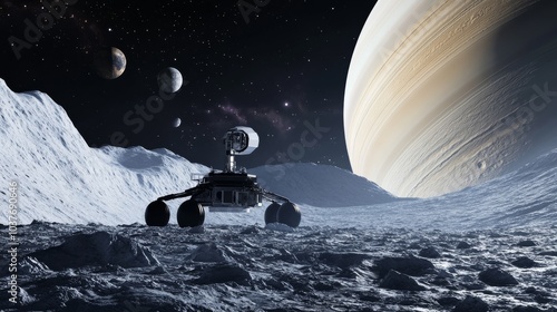 A robotic exploration mission to the icy moons of Saturn, advanced spacecraft with exploration drones, Space Exploration style photo