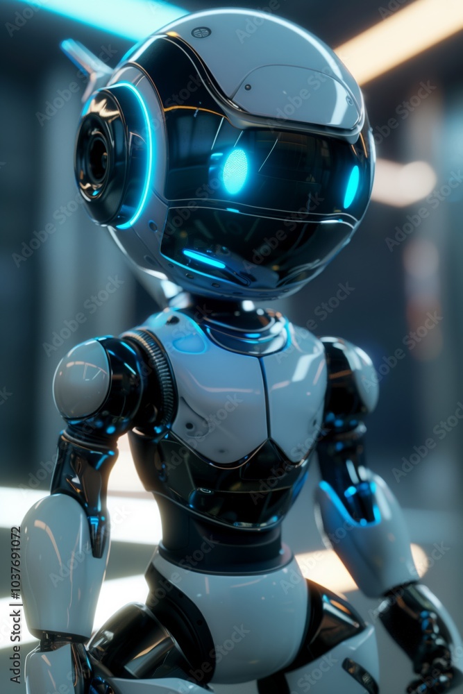 Futuristic white humanoid robot with glowing blue lights. sleek metallic design and technology Futuristic white humanoid robot with glowing blue lights. sleek metallic design and technology