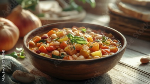 The hearty bowl of minestrone soup showcases an array of colorful vegetables and beans, beautifully illuminated by warm sunlight. Its rich textures highlight comfort and warmth. Generative AI