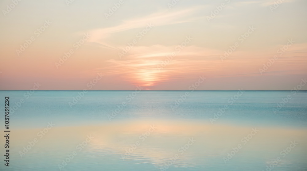 Obraz premium Peaceful Ocean Horizon with Soft Pastel Clouds Reflecting on Calm Water in a Tranquil Scene