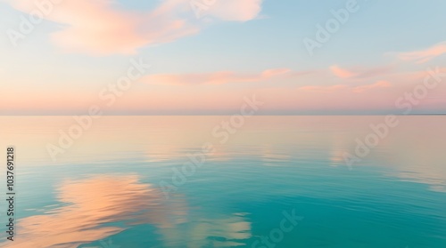 Peaceful Ocean Horizon with Soft Pastel Clouds Reflecting on Calm Water in a Tranquil Scene