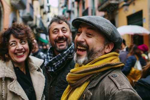 Group of friends walking in the city. Smiling and laughing.