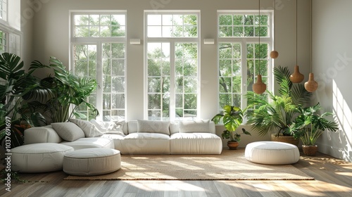 Modern Living Room with Large Windows and Tropical Plants