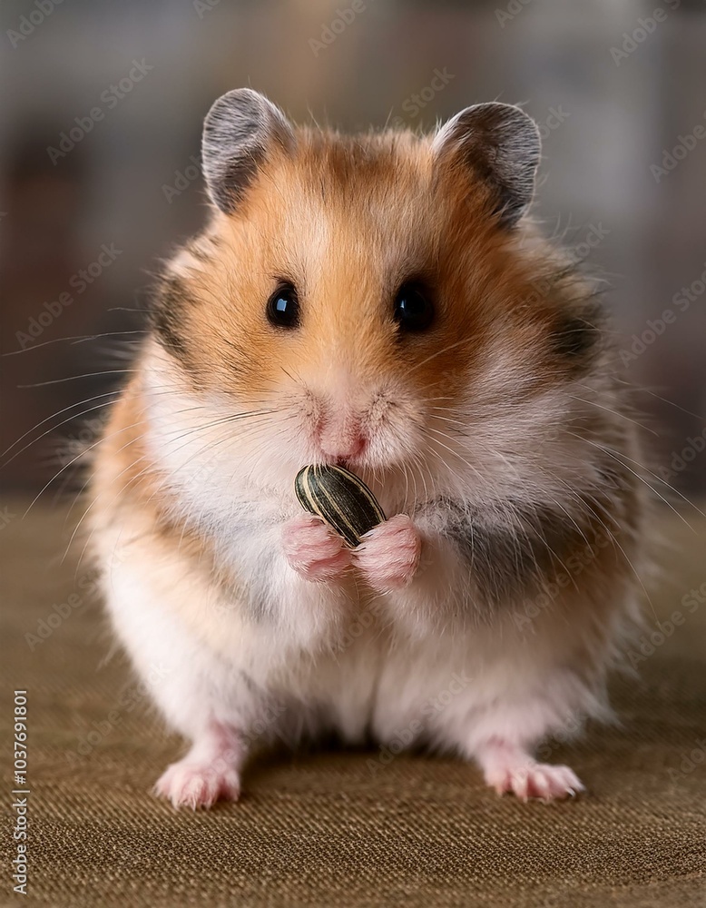 小さなハムスターが、飼い主からもらったひまわりの種を前足で持ちながら、真剣な表情でかじっている。おやつをもらった喜びと、小さな口で一生懸命食べる姿がとても愛らしい 小さなハムスターが、飼い主からもらったひまわりの種を前足で持ちながら、真剣な表情でかじっている。おやつをもらった喜びと、小さな口で一生懸命食べる姿がとても愛らしい