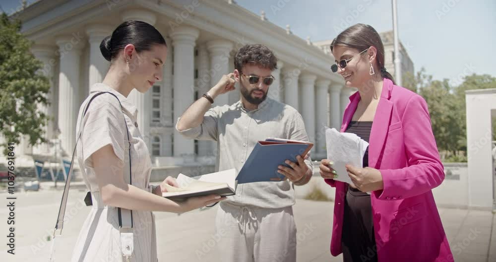 Three business colleagues discuss a project outdoors on a sunny summer day. They are smiling and engaged, dressed in light and colorful summer business attire. Three business colleagues discuss a project outdoors on a sunny summer day. They are smiling and engaged, dressed in light and colorful summer business attire.