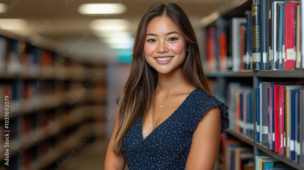 Portrait of a smiling young woman standing between bookshelves in a library Portrait of a smiling young woman standing between bookshelves in a library