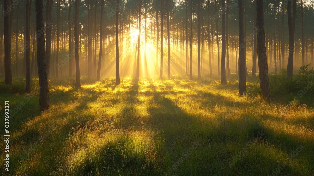 Obraz premium real photo of beautiful rays of sunlight in the morning in pine forest,generative ai