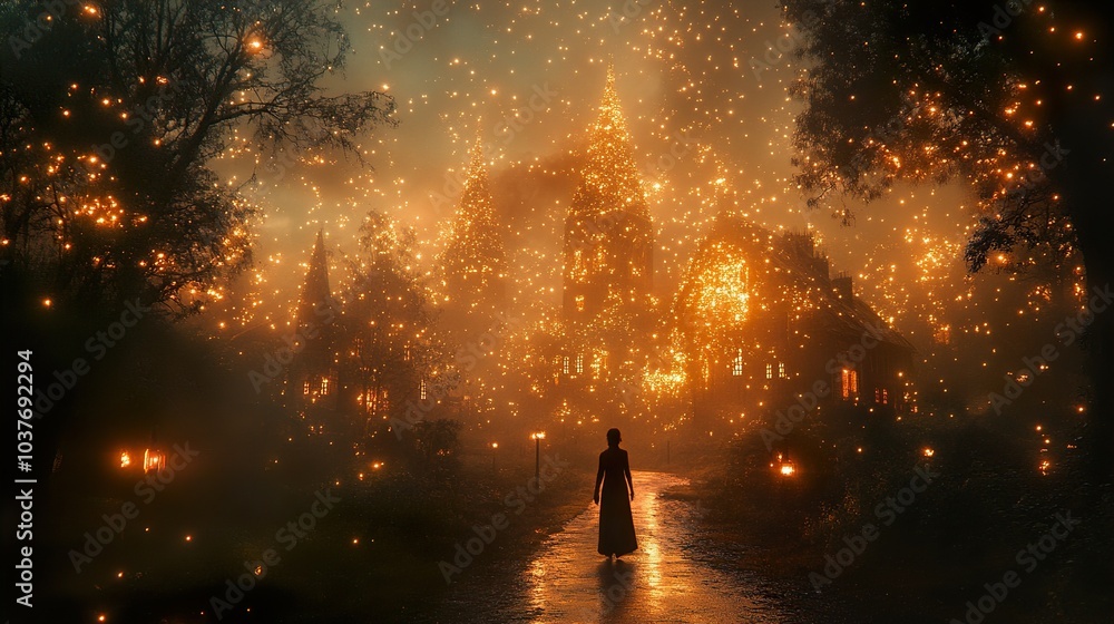 Enchanted Forest: A Woman Walks Towards Glowing Lights Enchanted Forest: A Woman Walks Towards Glowing Lights