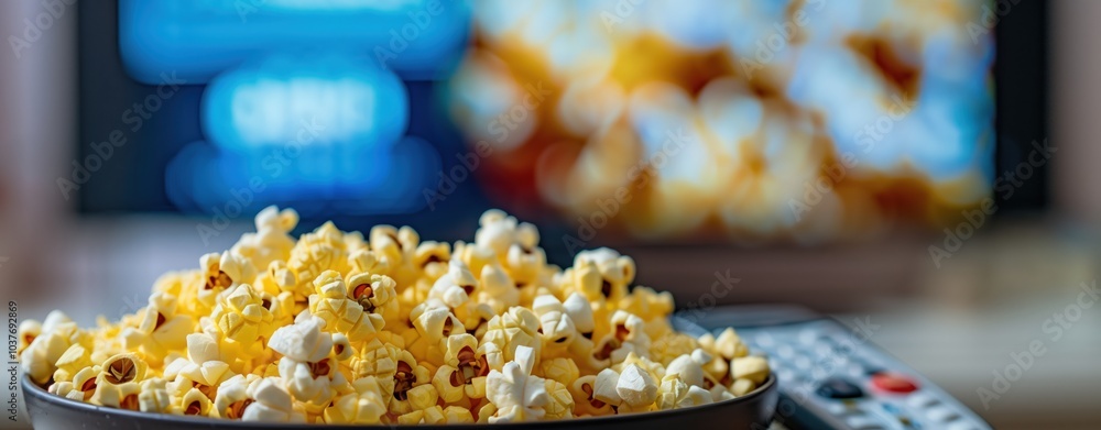 Fresh popcorn bowl with TV and remote in background, perfect for movie night and entertainment Fresh popcorn bowl with TV and remote in background, perfect for movie night and entertainment