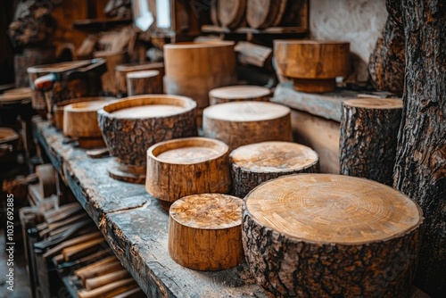 Wooden Logs and Slabs in a Workshop