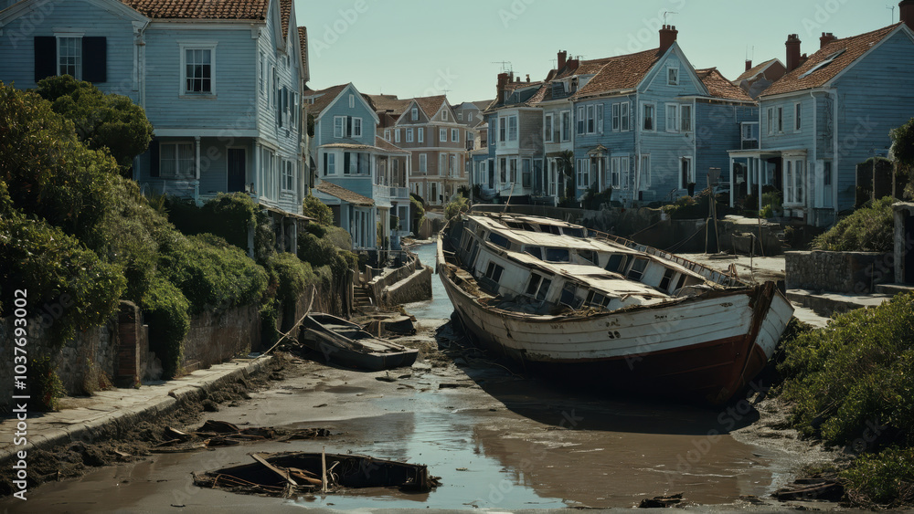 Obraz premium Abandoned boats stranded in a dried-up canal beside damaged coastal houses 