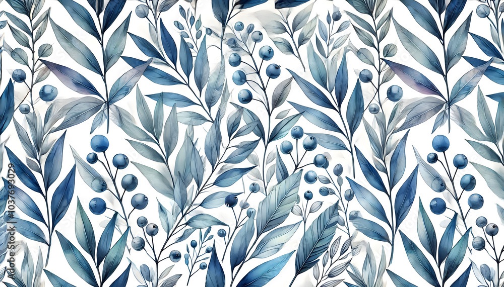 Fototapeta premium Watercolor-Inspired Blue Foliage and Berry Pattern with Slender Leaves in a Repeating Design on a White Background