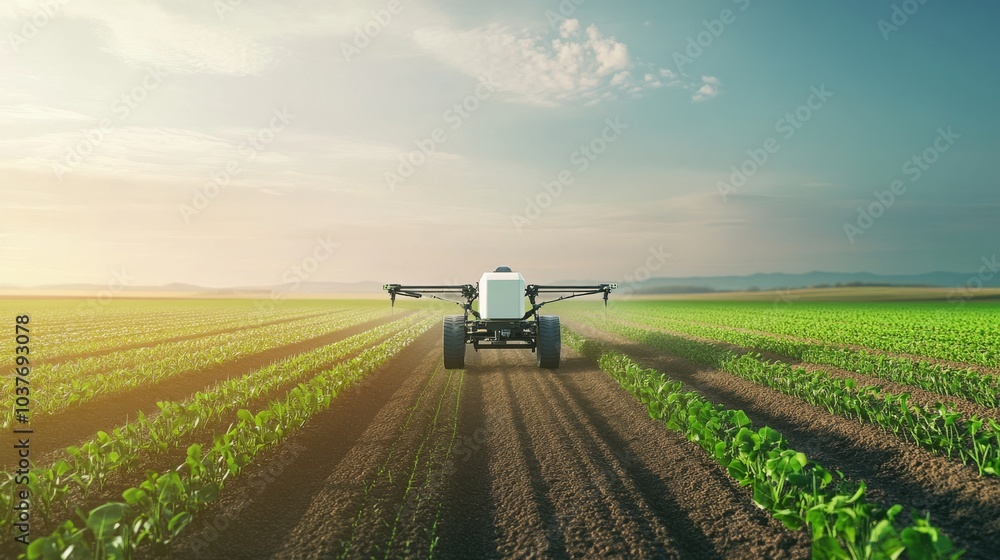 A robotic farmer planting seeds in a vast agricultural field, clear skies and rows of crops, Agricultural innovation style A robotic farmer planting seeds in a vast agricultural field, clear skies and rows of crops, Agricultural innovation style