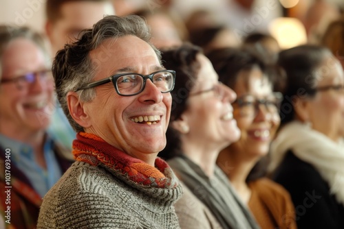 Mature man with glasses looking at the camera and smiling at the audience