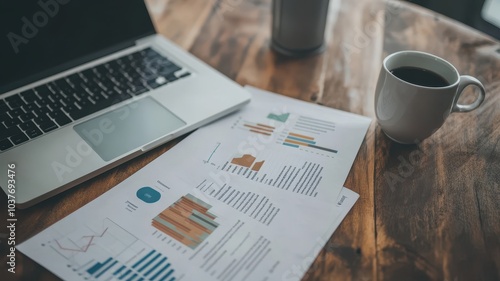 A flat lay of an office desk with papers, graphs, and charts showing business growth, a laptop computer on the side, and a coffee cup beside it.  photo