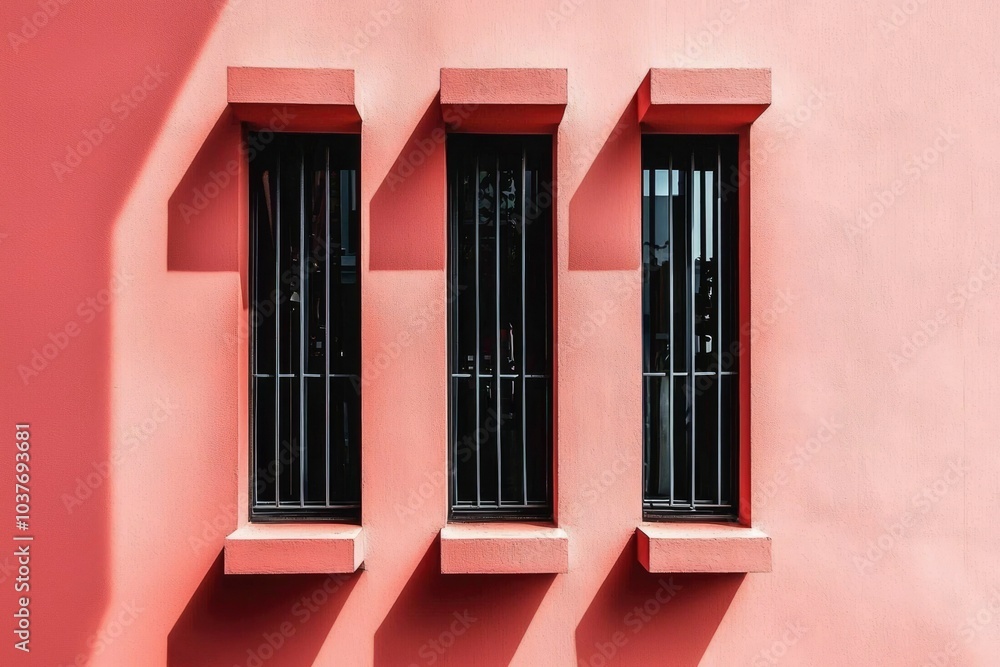 Obraz premium Three Windows with Bars on a Pink Wall