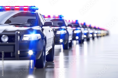 Row of police cars with flashing lights, lined up, copy space, white background photo