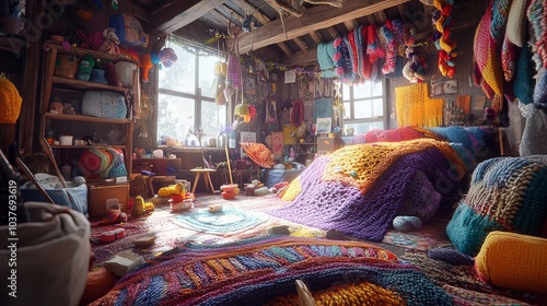 A Room Full of Colorful Yarns and Knitting Needles in a Cozy Creative Space