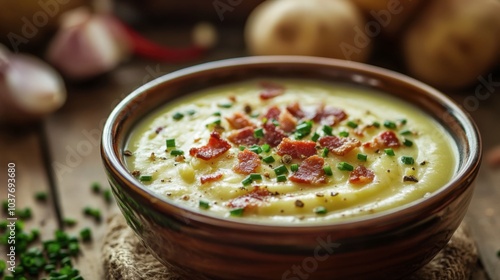 This bowl of creamy potato leek soup, adorned with crispy bacon bits and fresh chives, radiates warmth in a cozy rustic kitchen, inviting you to indulge in comforting flavors. Generative AI