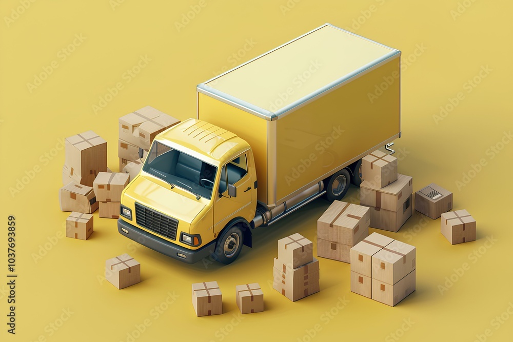 A yellow truck is surrounded by cardboard boxes A yellow truck is surrounded by cardboard boxes