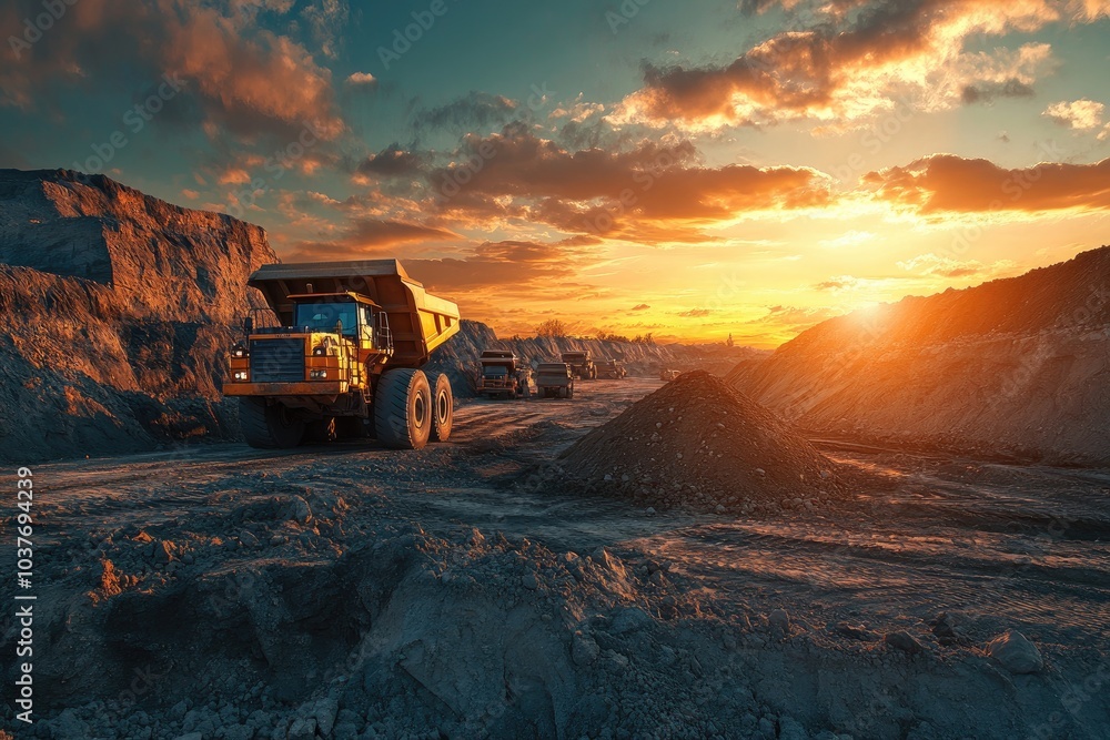 Dump trucks drive through a mine. The photo depicts a scenic mining operation at sunset, showcasing the scale of the industry and the hardworking trucks. Dump trucks drive through a mine. The photo depicts a scenic mining operation at sunset, showcasing the scale of the industry and the hardworking trucks.