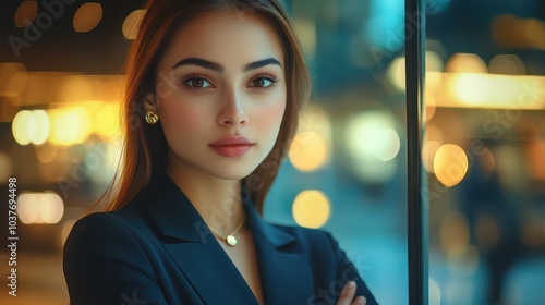 Portrait of a Stylish Young Businesswoman at Night with Bokeh Lights