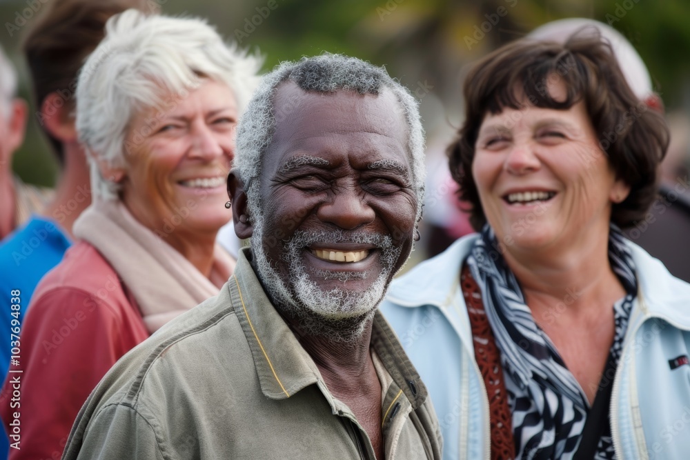 Portrait of an old man with his friends on the background. Portrait of an old man with his friends on the background.
